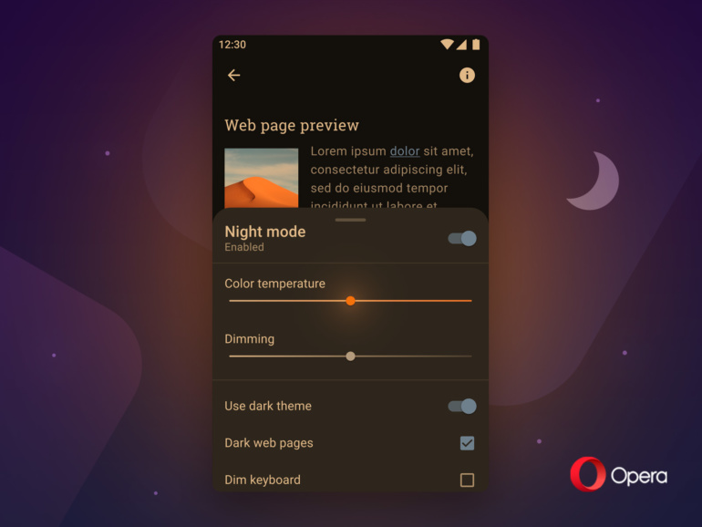 Новая Opera для Android получила "принудительный" ночной режим с уменьшенной яркостью и регулировку цветовой температуры