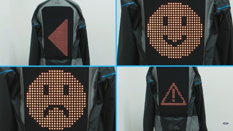 Ford создал "эмодзи-куртку" Emoji Jacket для велосипедистов, которая позволяет демонстрировать водителям автомобилей знаки поворота и эмоции [видео]