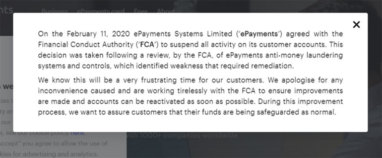 Платежный сервис ePayments приостановил работу и заблокировал вывод средств по требованию британского регулятора