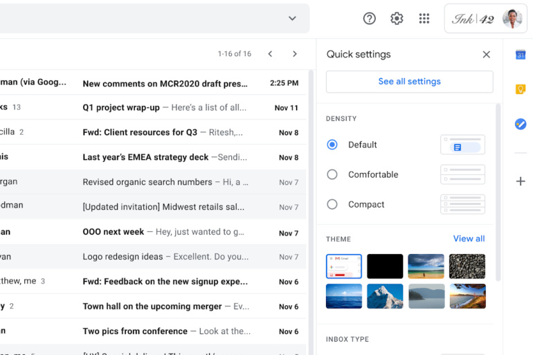 Gmail внедряет меню быстрых настроек для управления интерфейсом почтового ящика
