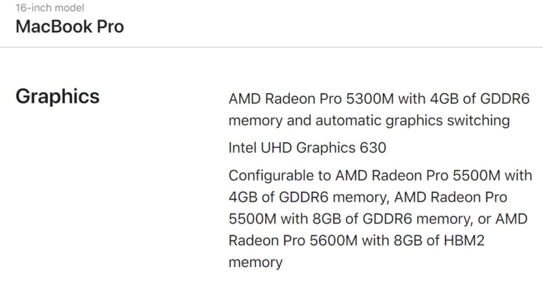 AMD представила мобильную видеокарту Radeon Pro 5600M на полноценном 7-нм GPU Navi 12 (2560 потоковых процессоров) с памятью HBM2. Она — эксклюзив для 16-дюймового MacBook Pro