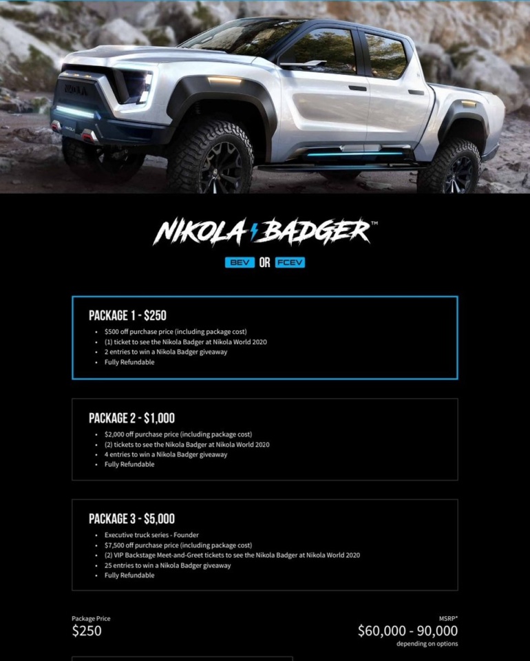 Американцы открыли предзаказ на электропикап Nikola Badger с запасом хода почти 1000 км, он будет доступен в "батарейной" и "водородной" версиях по цене $60-90 тыс.