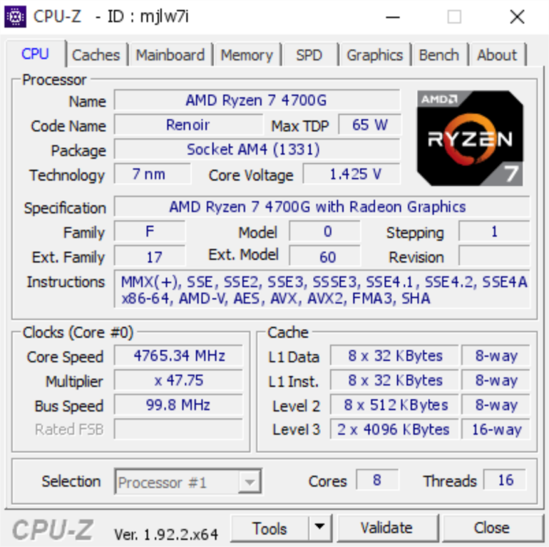 Флагманский процессор APU AMD Ryzen 7 4700G (Renoir) удалось разогнать до 4,75 ГГц для всех 8 ядер при стандартном охлаждении