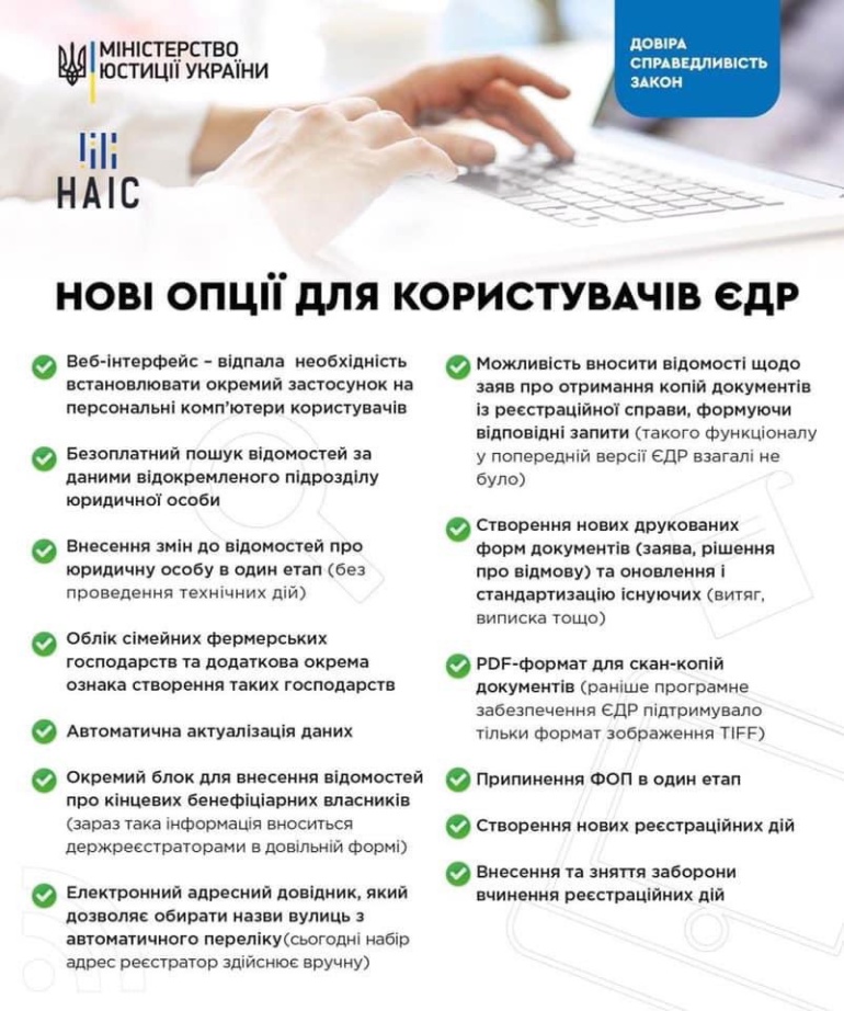 Минюст запустил обновленный Единый государственный реестр предпринимателей на пять дней раньше срока, с сегодняшнего дня возобновляются регистрации ФОП, ОФ и юрлиц