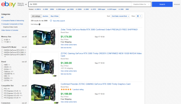 Дефицитные GeForce RTX 3080 перепродают на eBay — цены достигают $2500. NVIDIA публично извинилась за нехватку, объяснив ситуацию «беспрецедентным спросом»