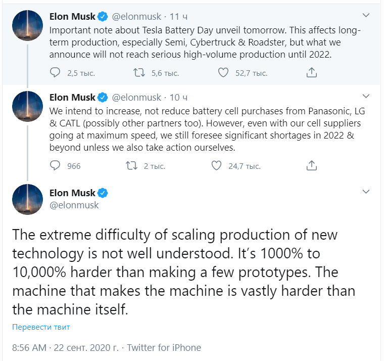 Илон Маск предупредил, что Tesla начнет массовый выпуск новых батарей не раньше 2022 года