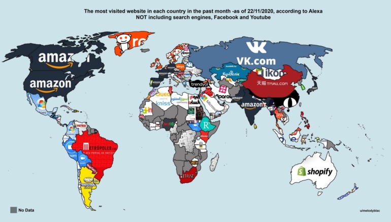 Maps on The Web: Самый популярный сайт в Украине - Wikipedia, в США - Amazon, а в ЮАР - Netflix (и другие страны мира)