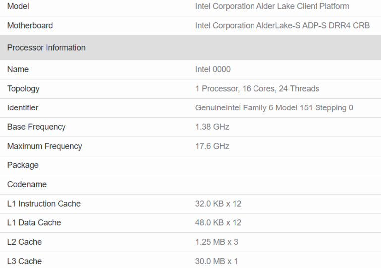 В базе данных Geekbench замечен 16-ядерный процессор Intel Alder Lake-S с поддержкой 24 потоков инструкций: результат не впечатляет