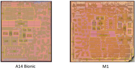 Сравнительное фото «голых» кристаллов Apple M1 и A14 демонстрирует различия между процессорами