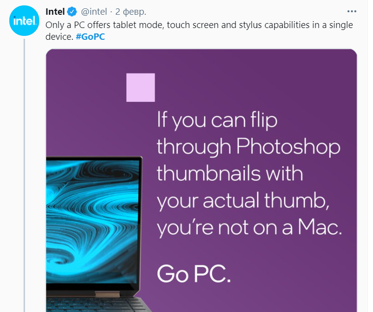 «Go PC». Intel подражает Apple в новой рекламной кампании с высмеиванием недостатков ноутбуков MacBook с ARM-чипами M1