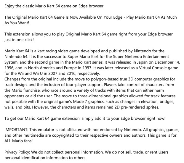 В магазине расширений Microsoft Edge размещались пиратские копии десятков популярных игр, включая Sonic, Mario Kart 64, Tetris и Minecraft
