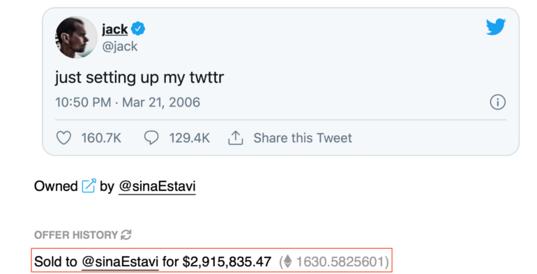 Глава Twitter Джек Дорси продал свой первый твит как NFT-токен — за 2,9 миллиона долларов. Всю сумму он пожертвовал на благотворительность