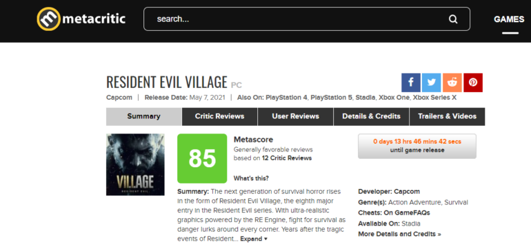В сети появились первые оценки Resident Evil Village — средний балл на Metacritic составил 82-85 баллов из 100