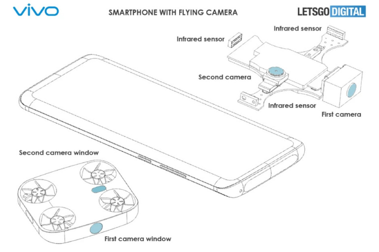На концептуальных рендерах показали смартфон Vivo со встроенным дроном с камерой