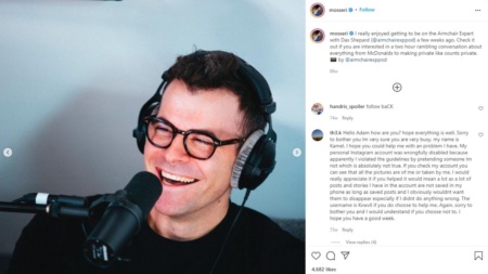 Мошеннику удалось временно заблокировать аккаунт главы Instagram Адама Моссери — с помощью поддельного некролога он убедил модераторов в смерти топ-менеджера