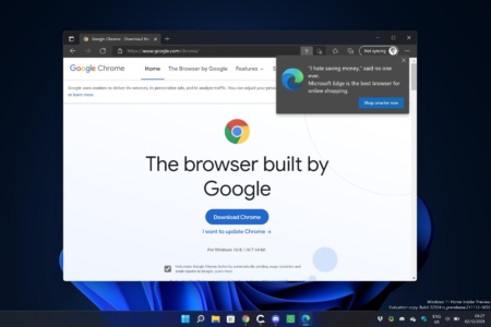 В Windows появились новые уведомления, отговаривающие пользователей от загрузки браузера Chrome