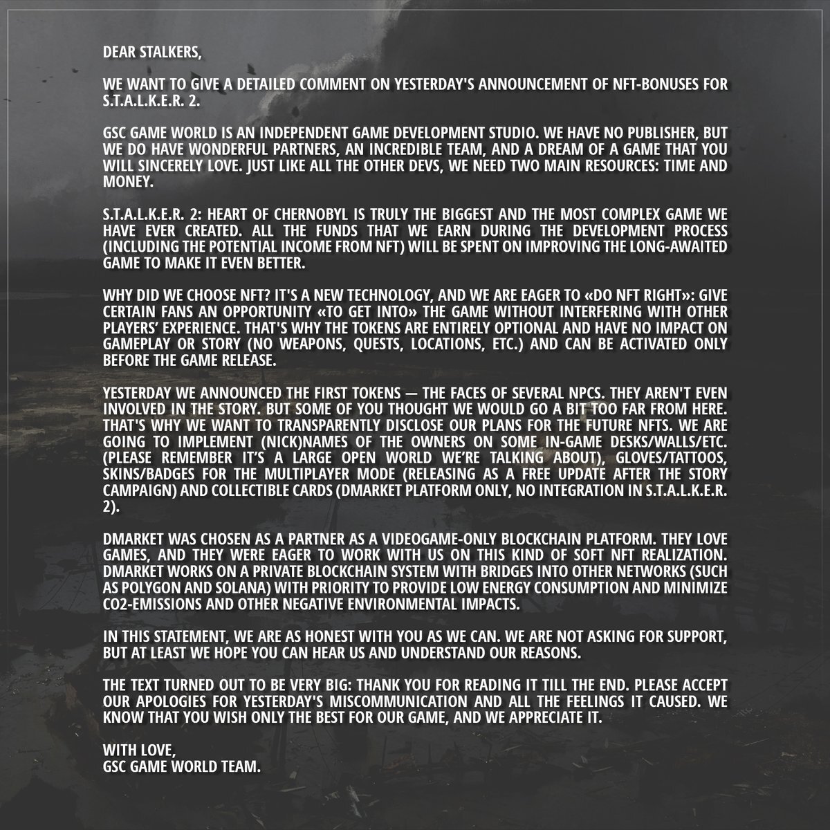 Разработчики S.T.A.L.K.E.R. 2 отказались от выпуска NFT по игре после критики