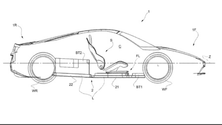 Ferrari запатентовал электромобиль с двумя блоками батарей и местом для установки двигателя