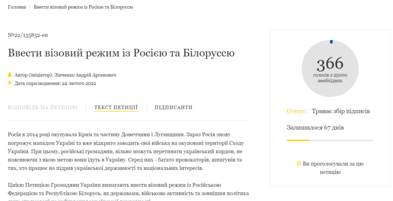 Петиції про запровадження візового режиму для громадян рф та білорусі