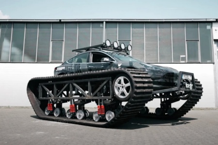 Tesla Model 3 converted into a 6-ton electric tank with giant tracks
