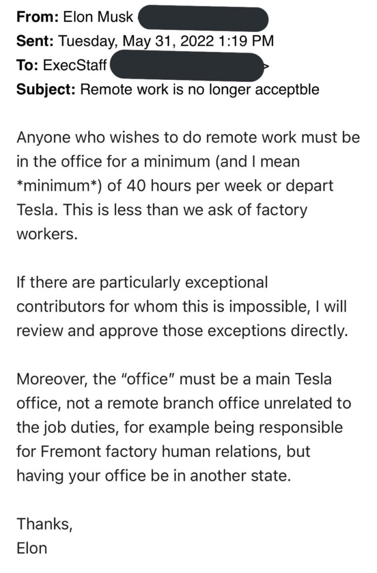Ілон Маск пригрозив топменеджменту Tesla звільненням, якщо ті відмовляться повертатися до офісу після скасування обмежень COVID-19