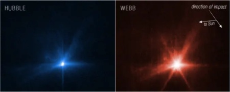 Джеймс Уэбб и Хаббл сняли столкновение зонда DART с астероидом — телескопы впервые одновременно наблюдали одну и ту же небесную цель