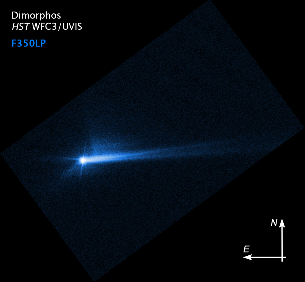 На этом снимке, сделанном Хабблом 8 октября 2022 года, показаны обломки, выброшенные с поверхности Диморфоса через 285 часов после столкновения зонда с астероидом. Форма этого хвоста со временем изменилась. 