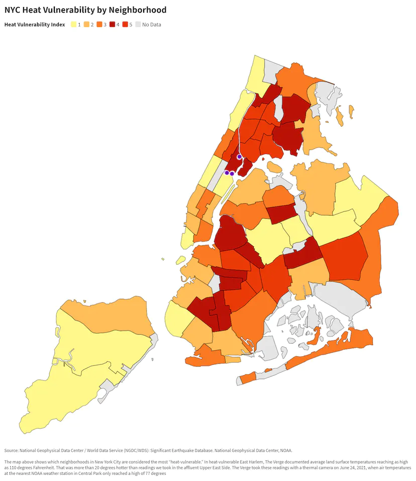На карте показано, какие районы Нью-Йорка считаются наиболее "уязвимыми для жары". Изображение: The Verge 