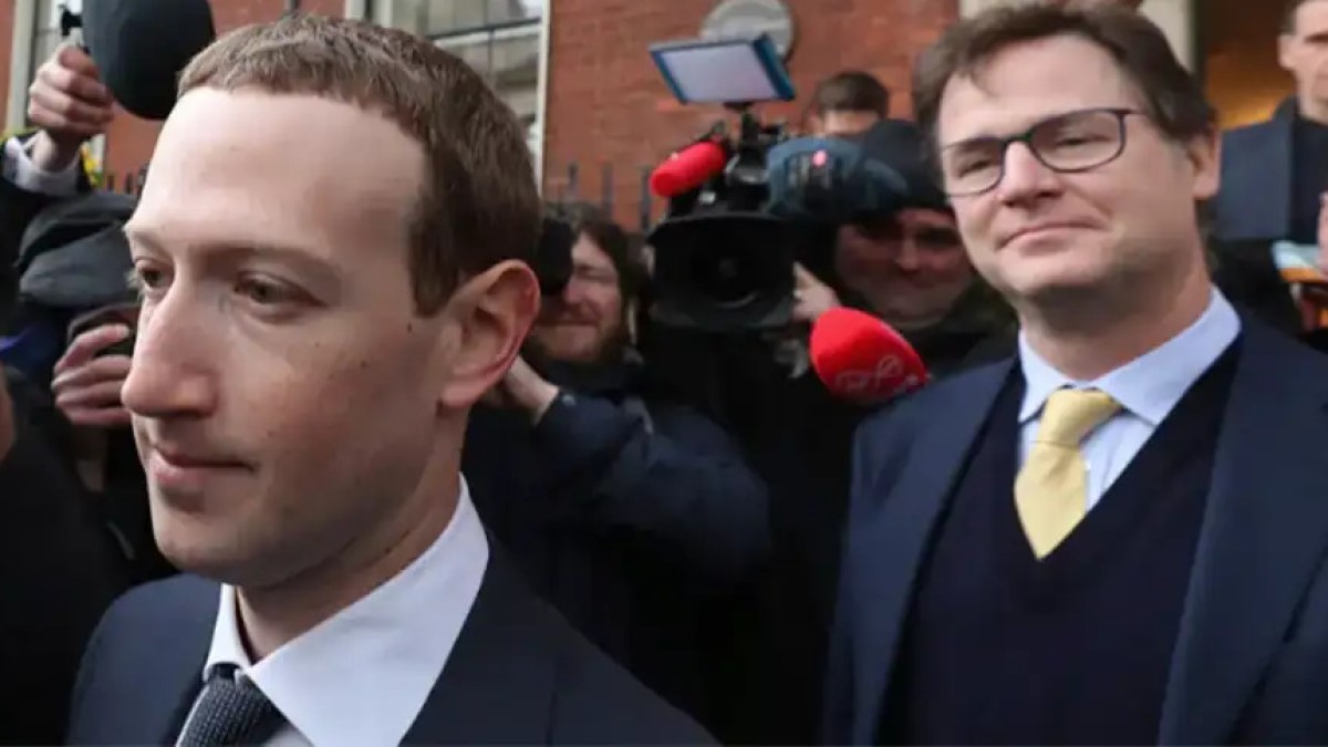Nick Clegg with Meta CEO Mark Zuckerberg leaving the Merrion Hotel in Dublin on Tuesday, April 2, 2019.  Photo: Niall Carson/Gizmodo