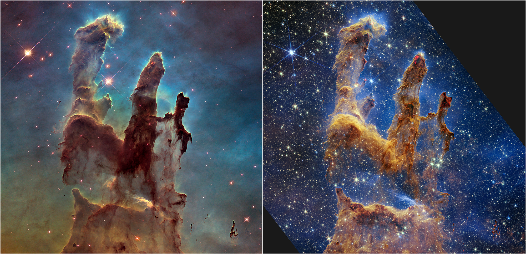 Изображения "Столпов Творения", сделанные космическим телескопом Хаббла в 1995 году (слева) и фото Джеймса Уэбба в 2022 (справа)