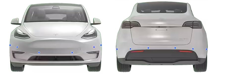 Tesla утверждает, что если вы скоро получите доставку, то сможете определить, есть ли в вашем автомобиле датчики, глядя на маленькие точки на переднем и заднем бамперах.