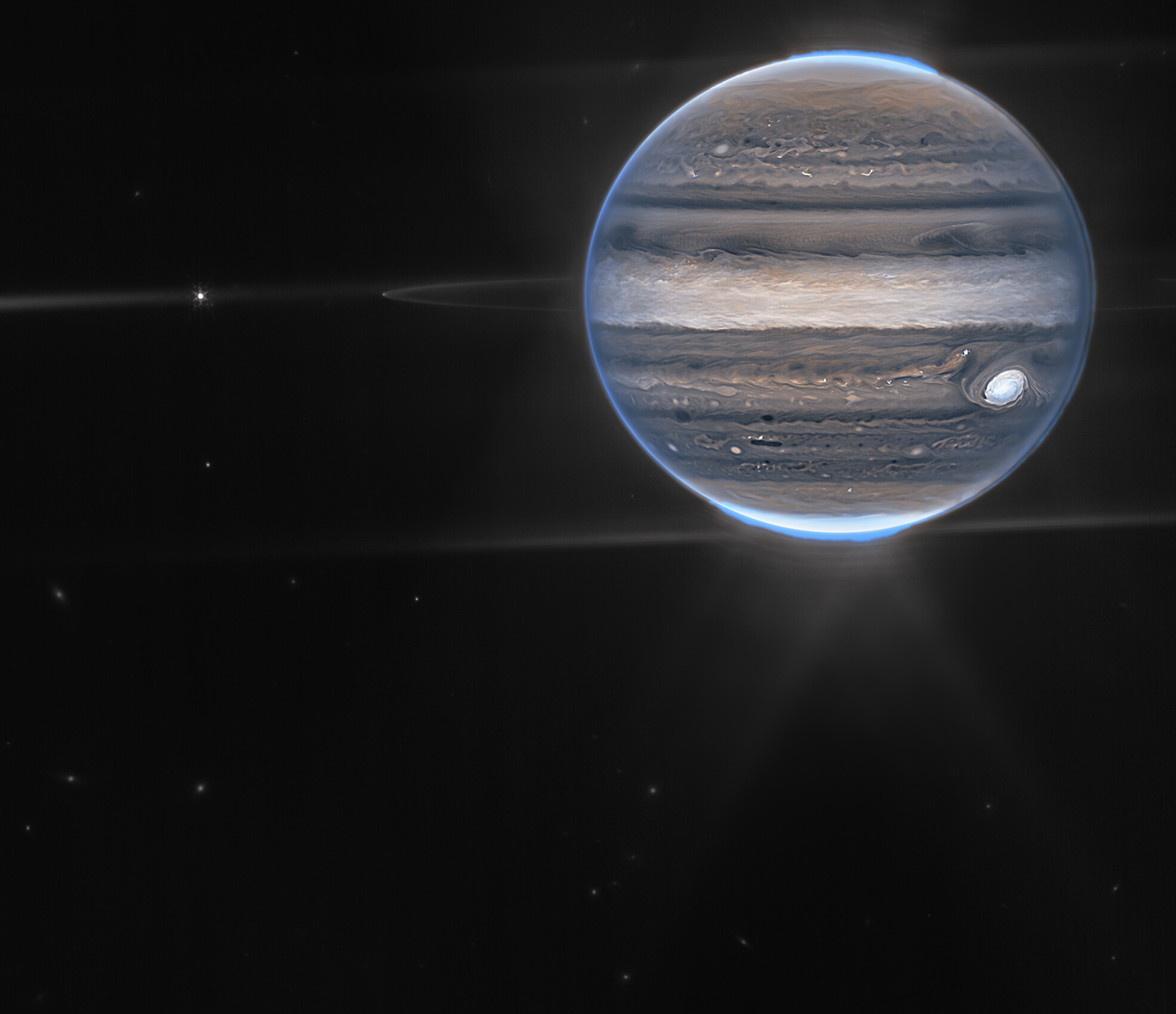 Новий портрет Юпітера, зроблений інструментом NIRCam Вебба. Зображення: NASA, ESA, CSA,  ERS Jupiter; обробка зображень Рікардо Весо (UPV/EHU) і Джуді Шмідт, CC BY 2.0)