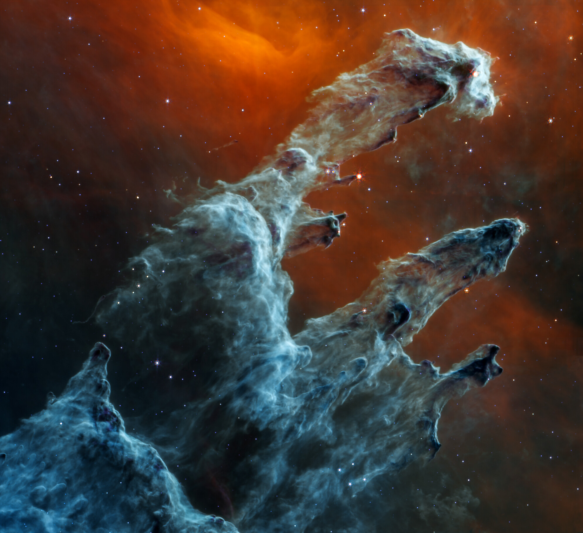Зображення "Стовпів творіння" у "моторошній" обробці, опубліковане напередодні Гелловіну. Зображення: NASA, ESA, CSA, STScI, CC BY 2.0