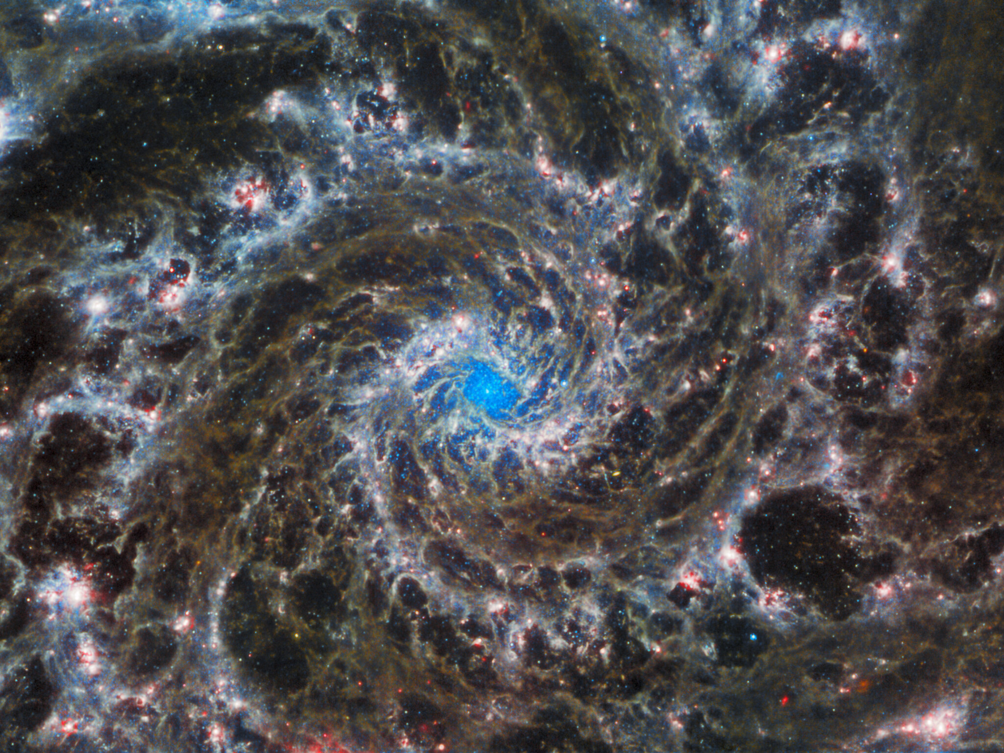 Зображення Галактики Фантом (M74), зроблене в інфрачервоному світлі приладом MIRI. Зображення: ESA/Webb, NASA & CSA, Дж. Лі та команда PHANGS-JWST, Дж. Шмідт, CC BY 2.0