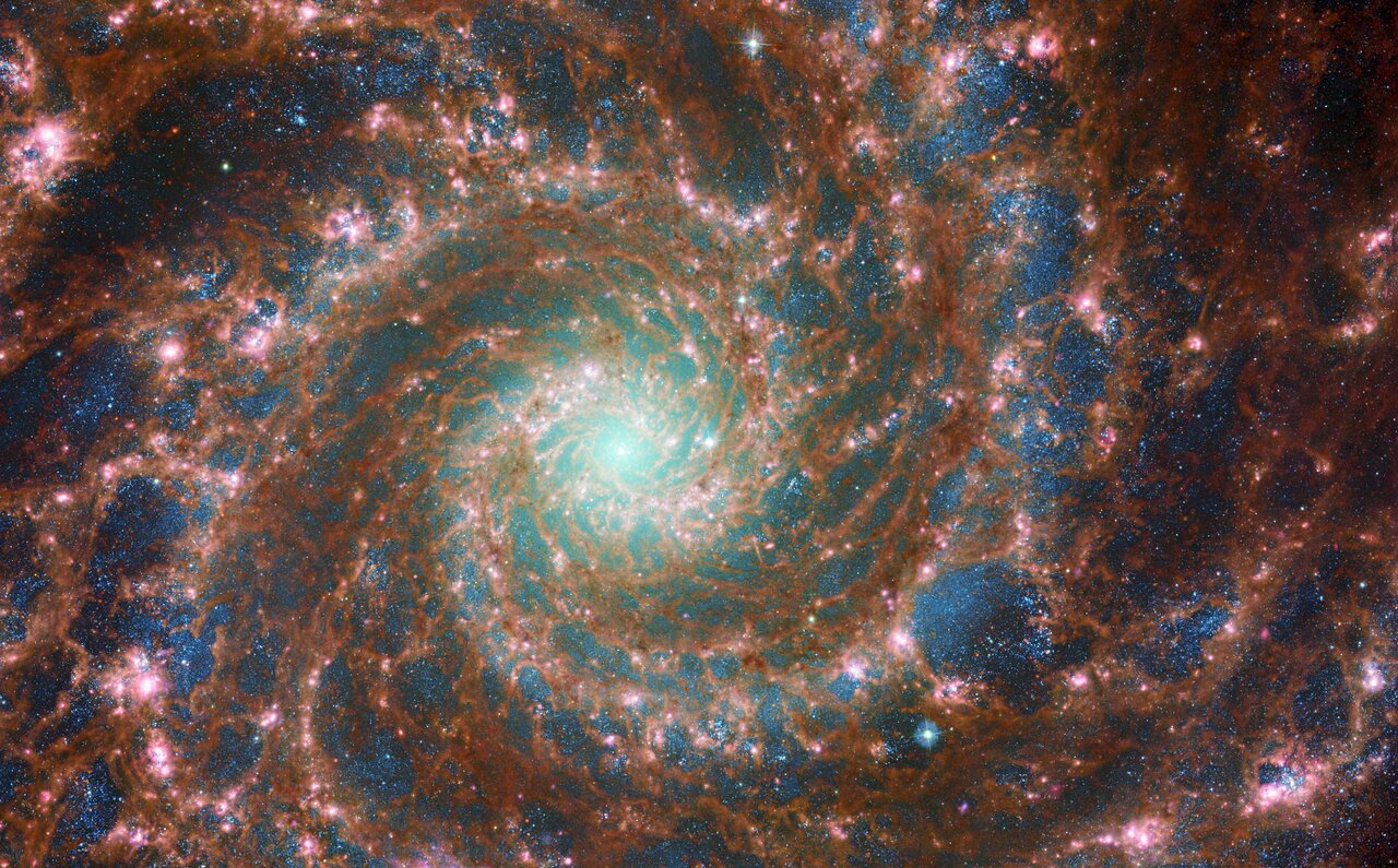 Зображення Галактики Фантом, створене шляхом поєднання даних спостережень видимого світла космічного телескопа Габбла з інфрачервоними даними, отриманими Веббом. Зображення: ESA/Webb, NASA & CSA, Дж. Лі та команда PHANGS-JWST; ESA/Hubble & NASA, Р. Чандар, Дж. Шмідт, CC BY 2.0