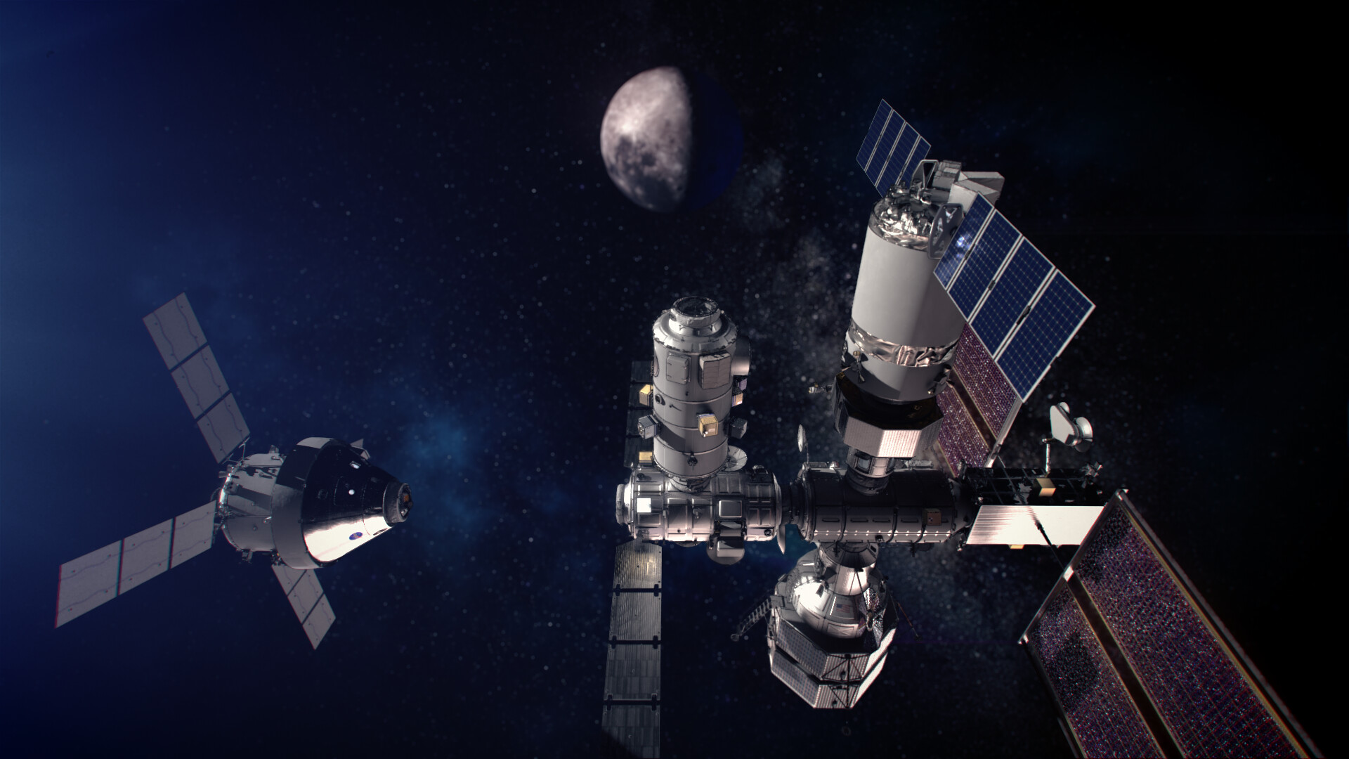 Ілюстрація взаємодії Gateway з космічним кораблем Orion, що наближається до шлюзу. Джерело: NASA/Alberto Bertolin