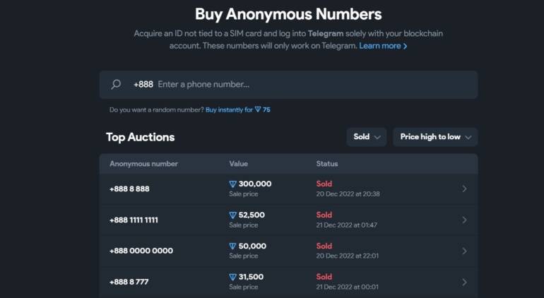 Виртуальный номер для Telegram продали на аукционе за рекордные $770 000
