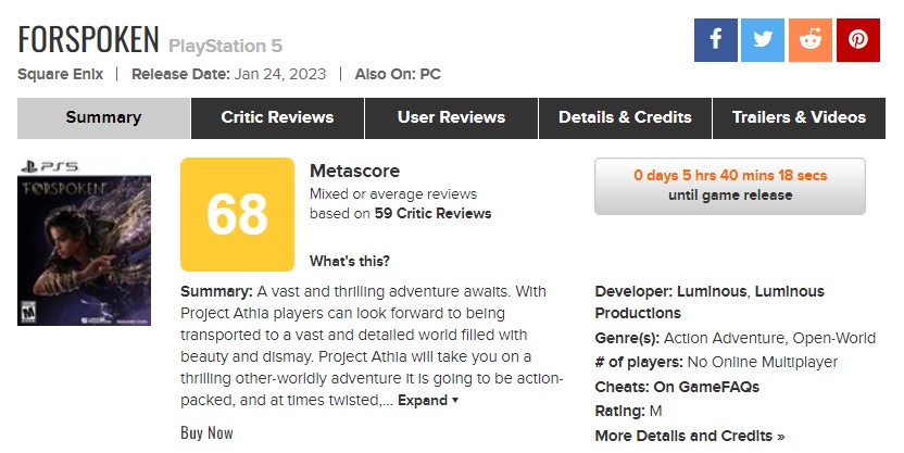 Forspoken, one of the major PlayStation exclusives of 2023, received a score of 68 on Metacritic and 69 on OpenCritic