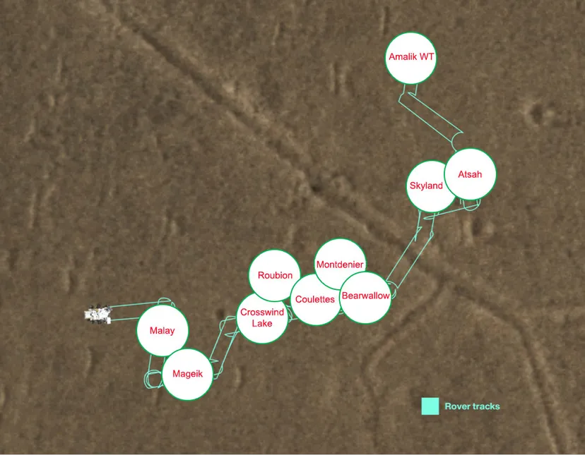 Ця карта показує, де саме марсохід Perseverance скинув кожен з 10 зразків. Район Three Forks, кратер Єзеро. Зображення: NASA