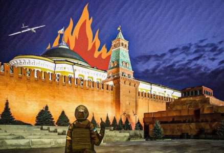 «Укрпошта» анонсировала новую марку — на «рабочем» эскизе изобразили горящий московский кремль, над которым кружат дроны