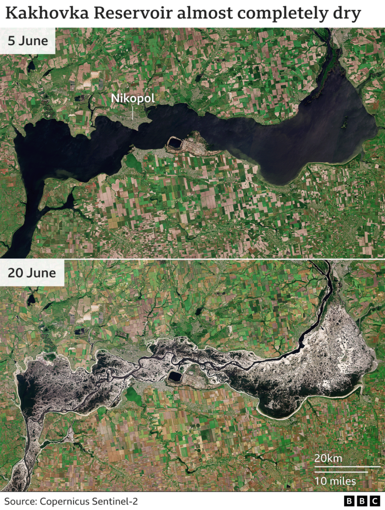 Наслідки російського екоциду: супутникові знімки показують, що Каховське водосховище повністю зникло