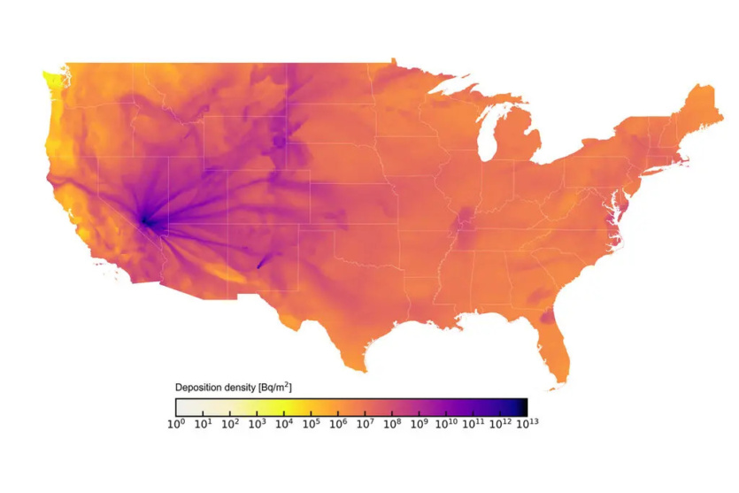Карта, на якій зображено загальне осадження радіоактивного матеріалу на суміжній території США в результаті випробувань Триніті в Нью-Мексико та 93 атмосферних випробувань у Неваді. Ілюстрація: NYT