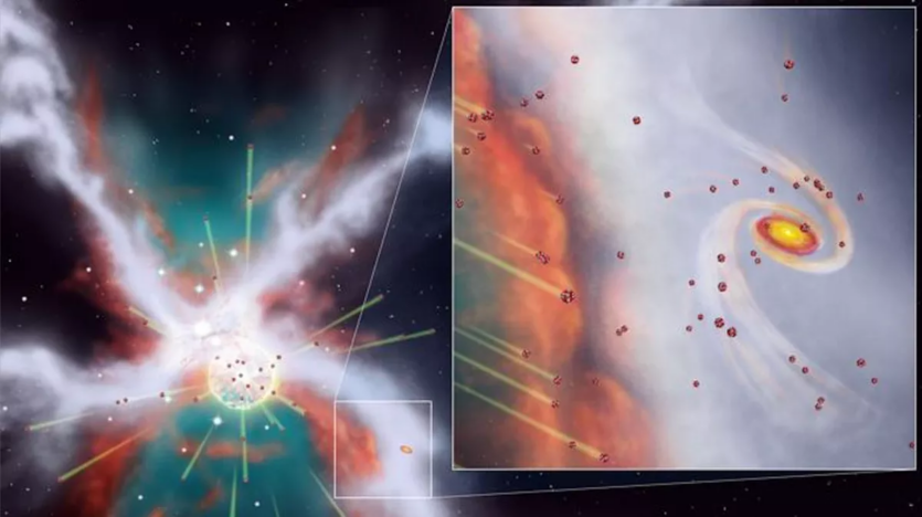 Ілюстрація показує новонароджену Сонячну систему, захищену від спалаху наднової зірки молекулярною хмарою. Зображення: NAOJ