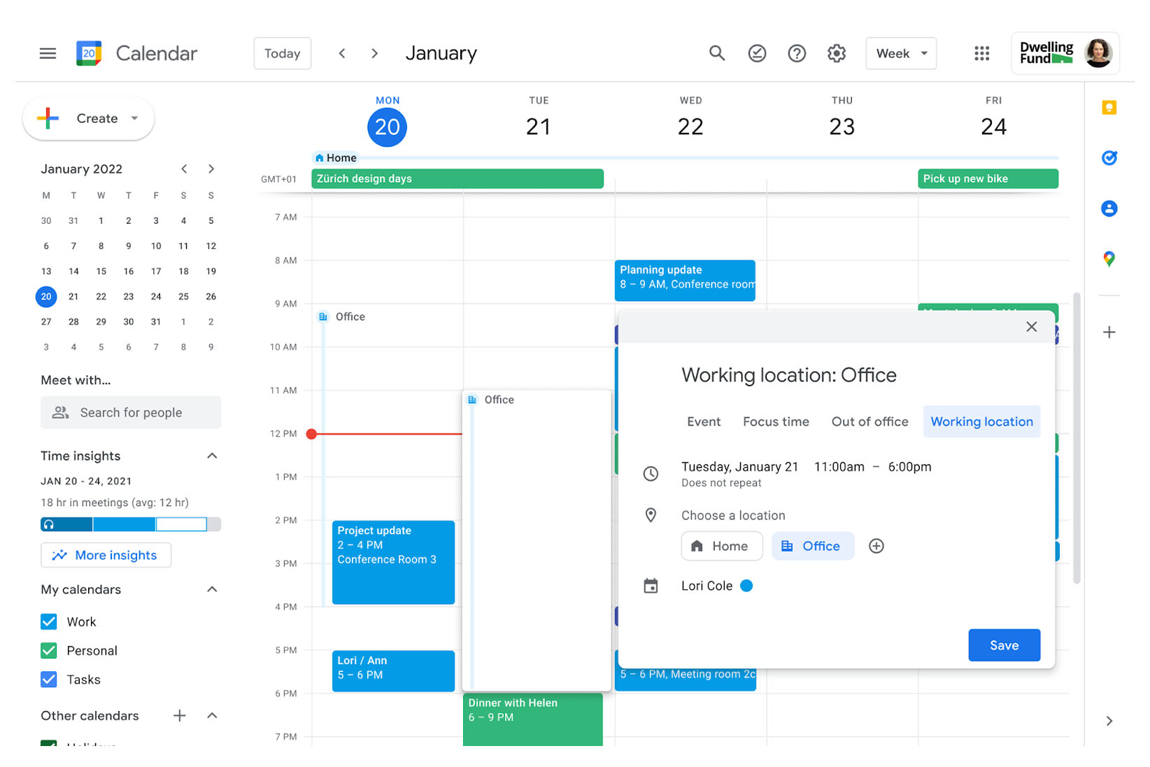 В Google Calendar теперь можно указывать, где пользователи работают в различное время дня