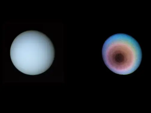 Ці зображення Нептуна у справжньому кольорі (ліворуч) і помилковому (праворуч) зроблені в 1986 році.