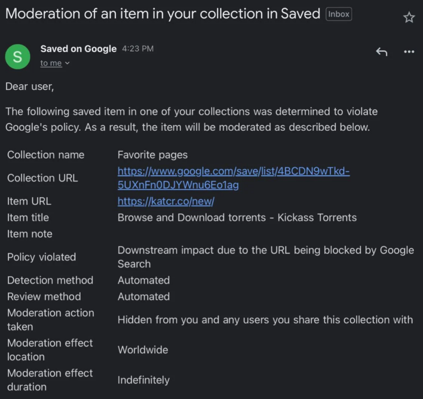 Google видаляє «піратські» URL-адреси з приватних колекцій посилань користувачів