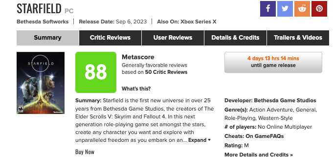 Перші оцінки Starfield — від 7 до 10. Середнє значення 88 на Metacritic