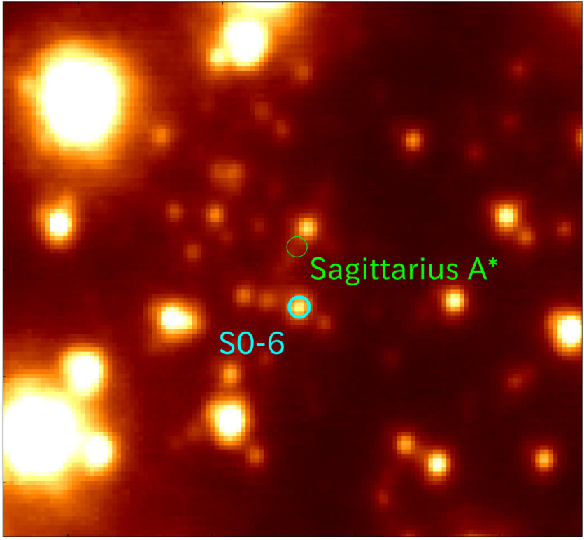 Зображення центру Чумацького Шляху, зроблене телескопом Subaru, із позначенням чорної діри Стрілець A* і зірки S0-6.