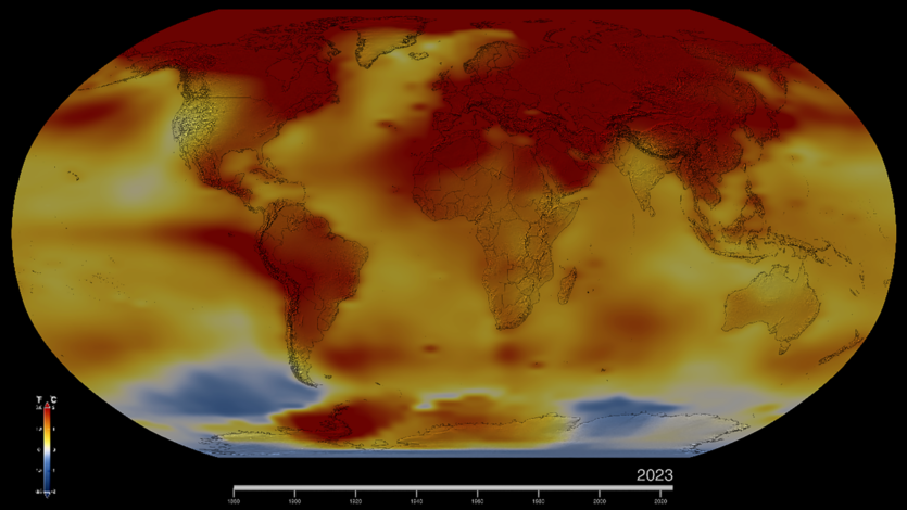 Карта показує наскільки теплішим або холоднішим був кожен регіон Землі порівняно із середнім показником з 1951 по 1980 рік. Нормальні температури показано білим кольором; температури, вищі за норму – червоним і помаранчевим; а нижчі за норму – синім. Джерело: NASA