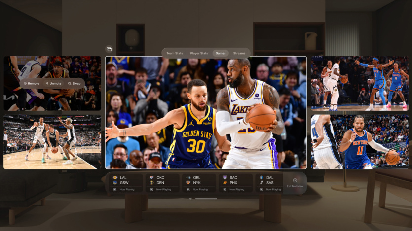 With the NBA app on Apple Vision Pro, basketball fans can stream up to five live or on-demand games simultaneously and easily rearrange the games in their space.